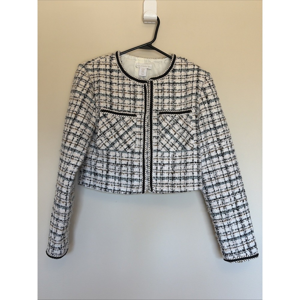House of Harlow 1960 Neutral Plaid‎ Check Tweed Boxy Cropped Jacket Womens XS